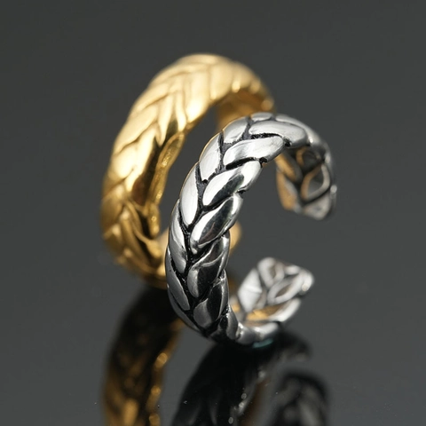 Anello in Acciaio al Titanio Retro Trama a Spiga di Grano Intrecciato per Uomo Donna Gioielli Ossidati Regolabili