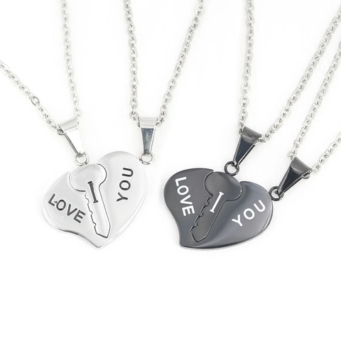 Fashion Stainless Steel Heart Key Puzzle Pendant Necklace Set for Couples I Love You Engraved Romantic Daily Jewelry Accessory Gift