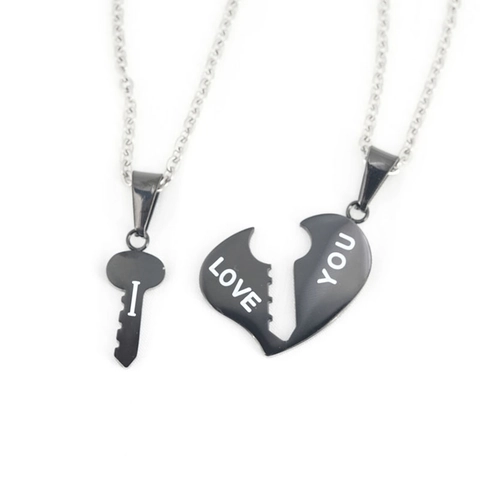 Fashion Stainless Steel Heart Key Puzzle Pendant Necklace Set for Couples I Love You Engraved Romantic Daily Jewelry Accessory Gift