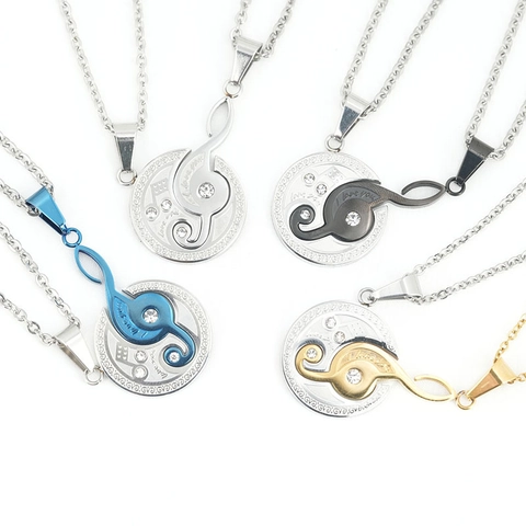 Music Note Stainless Steel Rhinestone Couple Pendant Necklace Set I Love You Engraved Heart Puzzle Jewelry Gift For Lovers