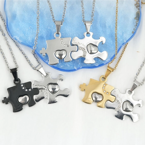 Collana con Ciondolo a Puzzle a Cuore in Acciaio Inossidabile per Coppie con Strass Incisi Just For You Gioielli Regalo