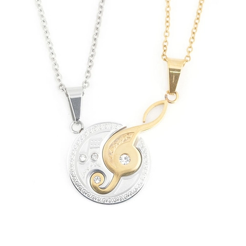 Music Note Stainless Steel Rhinestone Couple Pendant Necklace Set I Love You Engraved Heart Puzzle Jewelry Gift For Lovers