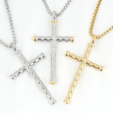 Collar con Colgante de Cruz de Acero Inoxidable para Hombre Mujer Textura de Bambú Crucifijo Geométrico Joyería Religiosa