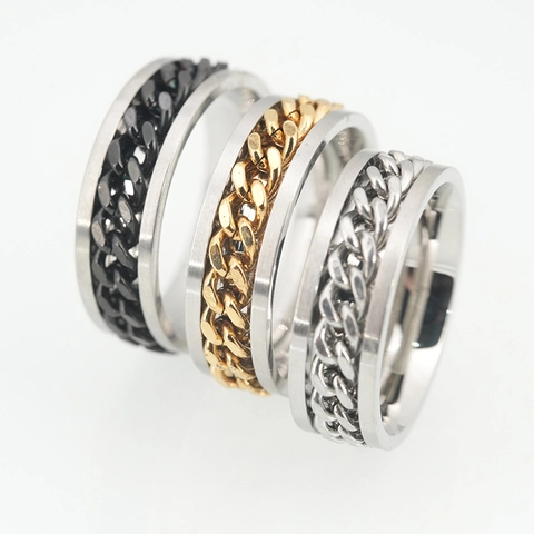 Bague Rotative en Acier Inoxydable avec Chaîne pour Hommes Femmes Style Punk Industriel Bijoux de Doigt Géométriques