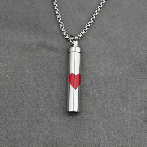 Stainless Steel Openable Cylindrical Cremation Urn Necklace Red Heart Memorial Ash Pendant For Men Women Jewelry