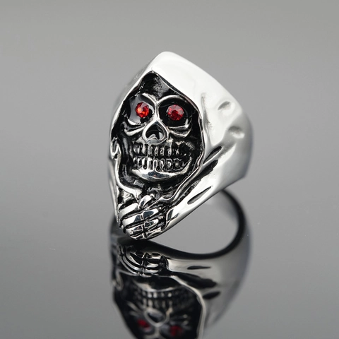 Anillo de Calavera de Parca Gótica Acero de Titanio Retro Punk Band Ojos de Strass Rojo Incrustados Anillo de Hombre Joyería