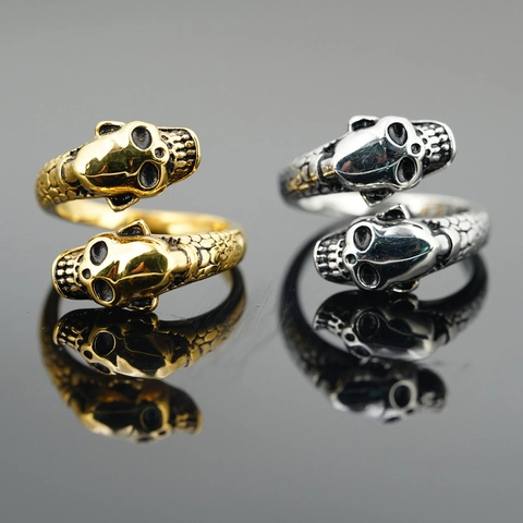 Gothic Punk Double Skull Head Open Ring Titanium Steel Adjustable Retro Scale Texture Biker Finger Ring For Men Women