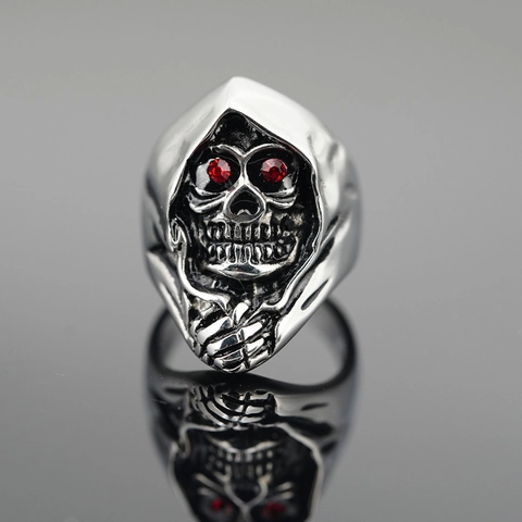 Anillo de Calavera de Parca Gótica Acero de Titanio Retro Punk Band Ojos de Strass Rojo Incrustados Anillo de Hombre Joyería