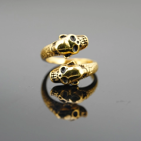 Gothic Punk Double Skull Head Open Ring Titanium Steel Adjustable Retro Scale Texture Biker Finger Ring For Men Women
