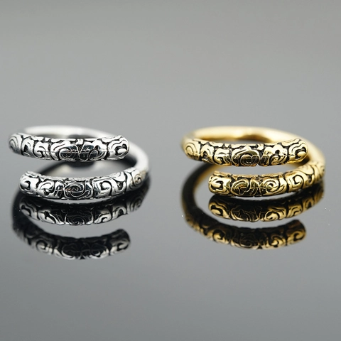 Bague Ouverte Vintage Style Chinois Roi Singe Bâton d'Or Acier Titane Motif Nuage Bague Réglable pour Hommes Femmes