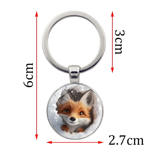 Little Fox In Snow Pattern Keychain Zinc Alloy Metal Keyring With Glass Patch Cute Animal Pendant For Daily Accessories Gift