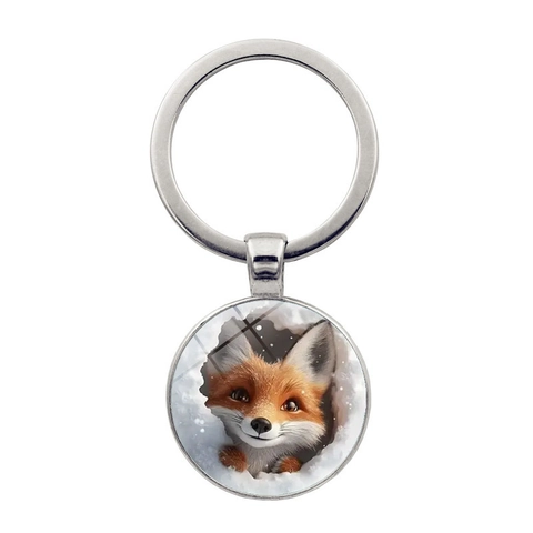 Little Fox In Snow Pattern Keychain Zinc Alloy Metal Keyring With Glass Patch Cute Animal Pendant For Daily Accessories Gift