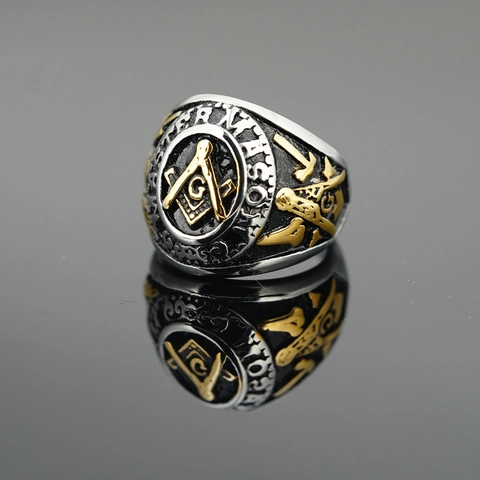 Vintage Men Stainless Steel Ring Gold Silver Two Tone Relief Masonic Symbol Signet Ring For Men Retro Jewelry Gifts