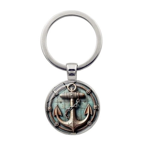 Retro Nautische Anker Sleutelhanger Vintage Schipsanker Zinklegering Metalen Sleutelring Met Glazen Charm Voor Mannen Vrouwen