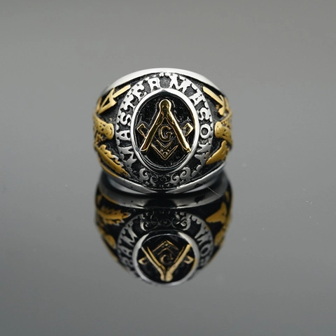 Vintage Men Stainless Steel Ring Gold Silver Two Tone Relief Masonic Symbol Signet Ring For Men Retro Jewelry Gifts