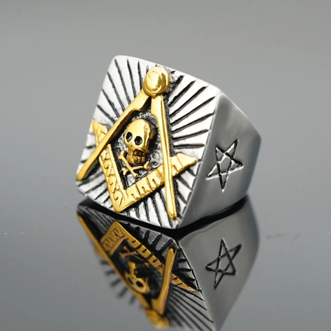 Stainless Steel Masonic Signet Ring Square Compasses Skull Crossbones Two Tone Gold Silver Punk Gothic Men Freemasonry Jewelry