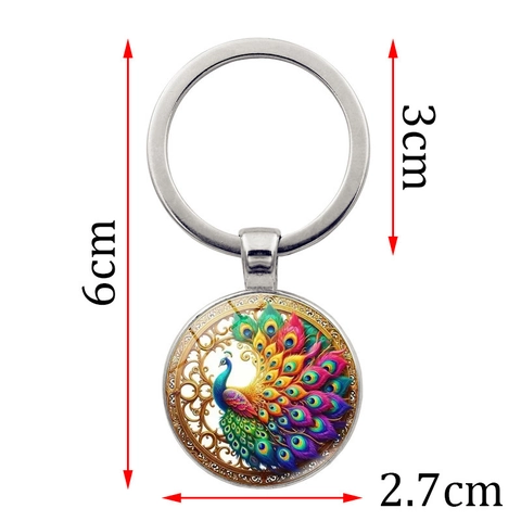 Kleurrijke Pauw Sleutelhanger Zinklegering Glas Cabochon Hanger Vintage Ronde Sleutelring Tas Charm Voor Vrouwen Creatief Cadeau