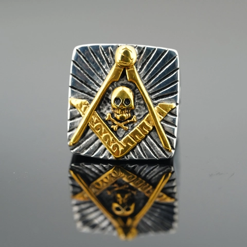 Stainless Steel Masonic Signet Ring Square Compasses Skull Crossbones Two Tone Gold Silver Punk Gothic Men Freemasonry Jewelry