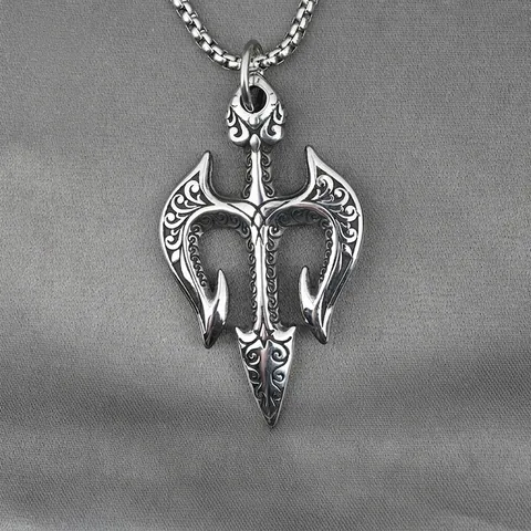 Collier Pendentif Trident Vintage Pour Hommes En Acier Au Titane Gravé Trident De Poséidon Bijoux Punk Gothiques Argent Rétro