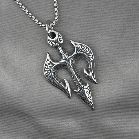Vintage Trident Pendant Necklace For Men Titanium Steel Engraved Poseidon Trident Retro Silver Punk Gothic Jewelry