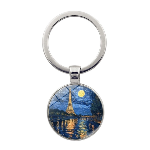 Van Gogh Sternennacht Eiffelturm Kunst Schlüsselanhänger Legierung Glas Cabochon Schlüsselring Vintage Souvenir Für Taschen Deko
