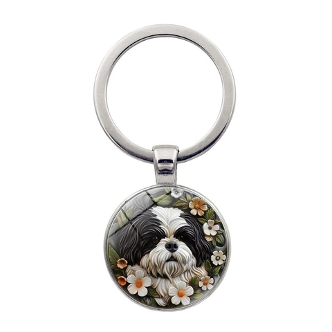 Charm Shih Tzu Dog Keychain Alloy Glass Flower Round Pendant Key Ring For Pet Lovers Bag Accessories Vintage Metal Key Holder