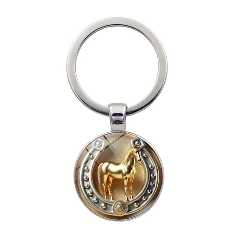 Vintage Metal Horse Keychain Lucky Horseshoe Pendant Key Ring Zinc Alloy Glass Accessory Unisex Lucky Charm Pendant