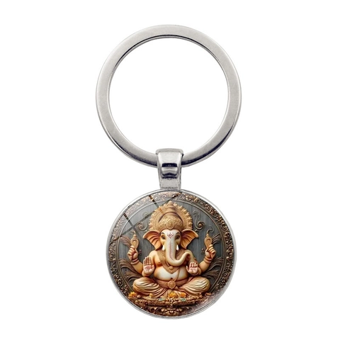 Vintage Ganesha Olifant God Sleutelhanger Met Zinklegering Ring En Glas Cabochon Hanger Voor Heren Dames Religieus Cadeau