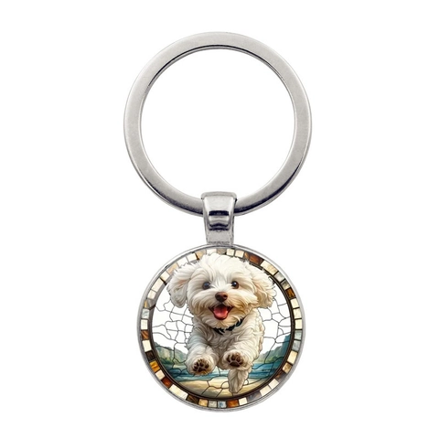 Süßer Malteser Hund Schlüsselanhänger Metall Zinklegierung Glas Cabochon Anhänger Schlüsselring Für Haustierliebhaber Schmuck