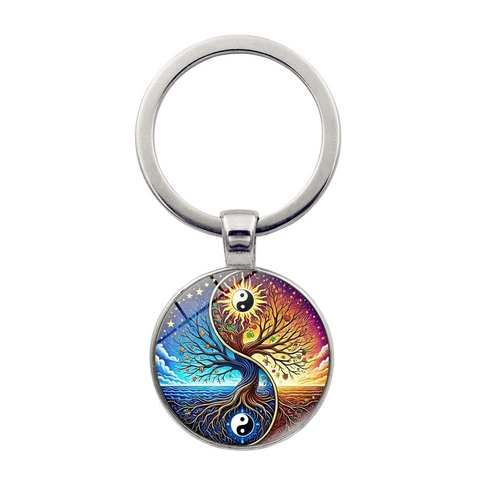 Portachiavi Albero della Vita Yin Yang Vintage in Lega di Zinco con Ciondolo in Cabochon di Vetro Anello Portachiavi Artistico Colorato Regalo Unisex