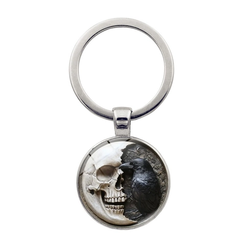 Gothic Totenkopf Rabe Anhänger Schlüsselanhänger Vintage Zinklegierung Glas Cabochon Schlüsselring Für Herren Damen Dunkle Kunst Schmuck
