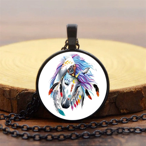 Vintage Bohemian Alloy Glass Cabochon Pendant Necklace Colorful Unicorn Horse Head Print Charm Necklaces Fashion Jewelry