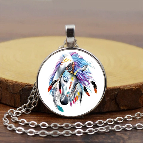 Vintage Bohemian Alloy Glass Cabochon Pendant Necklace Colorful Unicorn Horse Head Print Charm Necklaces Fashion Jewelry
