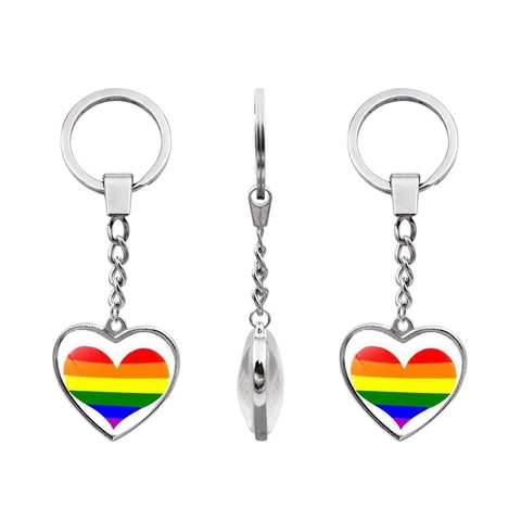 Llavero de Metal en Forma de Corazón Con Patrón de Bandera del Orgullo de Doble Cara Rayas de Arcoíris de Aleación de Zinc Cabochon de Vidrio para Colgante de Bolsa Joyas de Regalo
