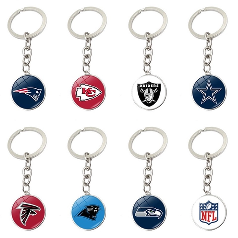 Porte-clés Logo Équipe Football Américain Rond Cabochon en Verre Alliage de Zinc Anneau de Clé pour Sac Voiture Pendentif Souvenir de Fans de Sport Bijoux