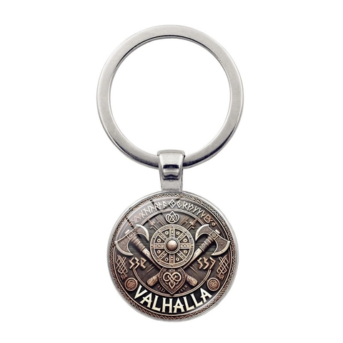 Porte-clés Vintage Bouclier Viking Double Hache Valhalla Symbole Runique Nordique Alliage de Zinc Verre Cabochon Pendentif Cadeau