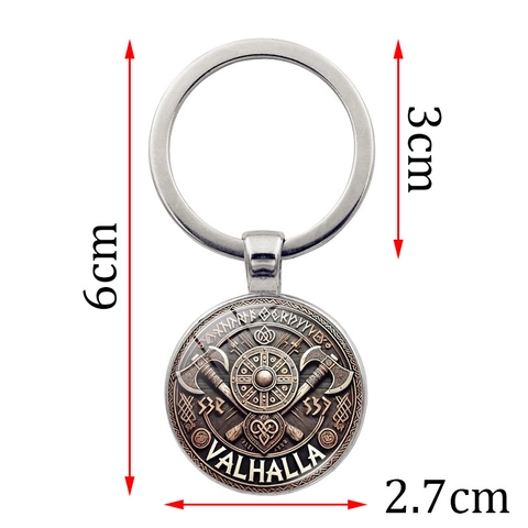 Porte-clés Vintage Bouclier Viking Double Hache Valhalla Symbole Runique Nordique Alliage de Zinc Verre Cabochon Pendentif Cadeau
