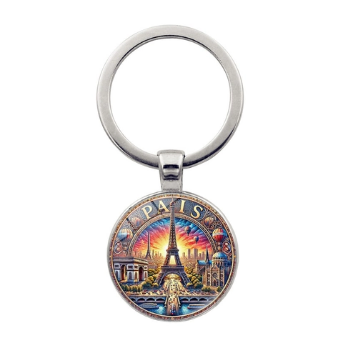Paris Sonnenuntergang Eiffelturm Schlüsselanhänger Vintage Zinklegierung Glas Cabochon Metall Schlüsselring Auto Tasche Souvenir Geschenk