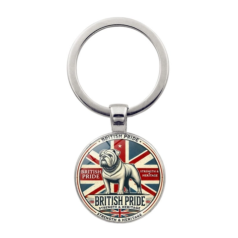Britische Flagge Bulldogge Schlüsselanhänger Metall Zinklegierung Glas Cabochon Tierliebhaber Geschenk British Pride Rund Schlüsselring