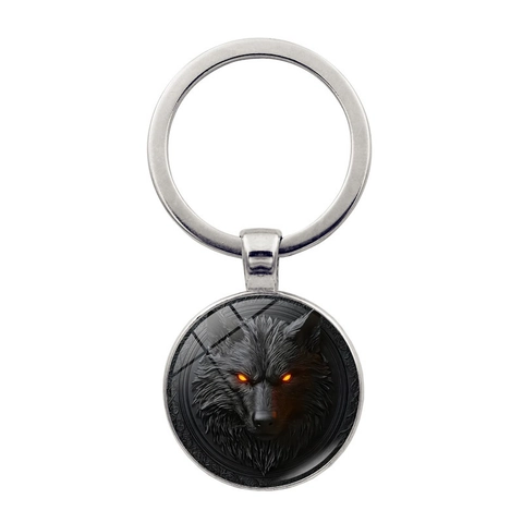 Vintage Metal Wolf King Head Pattern Keychain Zinc Alloy Round Glass Pendant Key Ring For Car Bag Accessory Men Gift