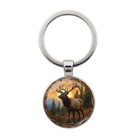 Vintage Zonsondergang Eland Metalen Sleutelhanger Boshert Glazen Hanger Sleutelring Voor Auto Tas Bedeltje Cadeau Voor Heren Dames Accessoires
