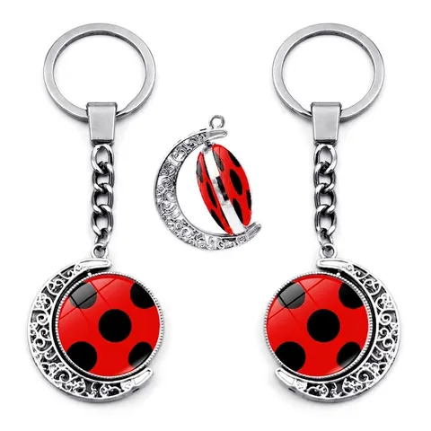Portachiavi Luna Rotante in Lega di Zinco Vetro Motivo a Coccinella Cartone Animato Pendente per Borsa Auto Accessorio Regalo per Uomo Donna Bambini
