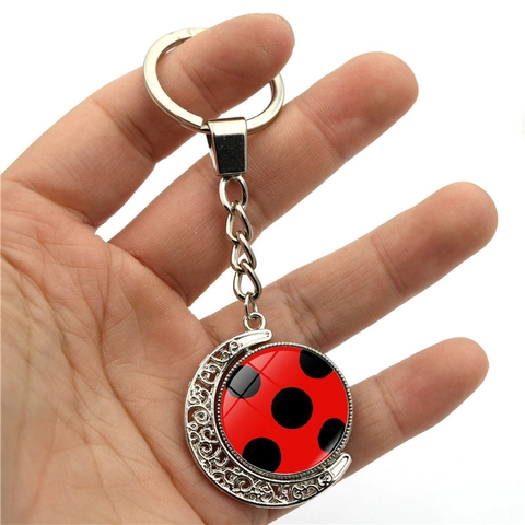Portachiavi Luna Rotante in Lega di Zinco Vetro Motivo a Coccinella Cartone Animato Pendente per Borsa Auto Accessorio Regalo per Uomo Donna Bambini