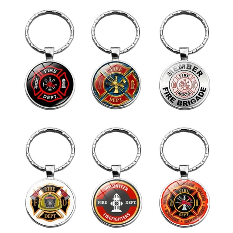 Feuerwehr Feuerabteilung Abzeichen Metall Schlüsselanhänger Rund Glas Dome Schlüsselring Für Herren Damen Feuerwehrmann Held Geschenk Auto Tasche Anhänger