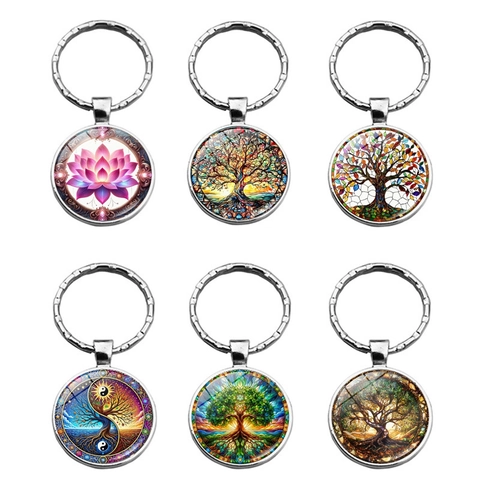 Portachiavi Cabochon in Vetro Albero Della Vita Loto Lega Argento Ciondolo Tondo Anello Chiave Per Borsa Donna Auto Gioielli