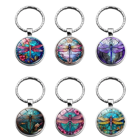 Porte-clés Vintage Motif Libellule Style Vitrail Pendentif Rond en Alliage et Verre pour Voiture Sac Bijoux Homme Femme