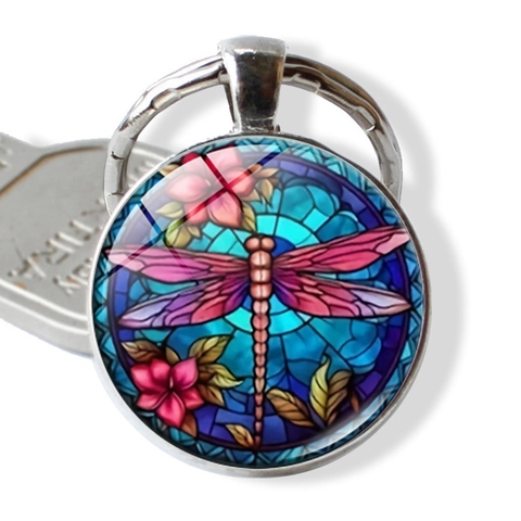 Porte-clés Vintage Motif Libellule Style Vitrail Pendentif Rond en Alliage et Verre pour Voiture Sac Bijoux Homme Femme