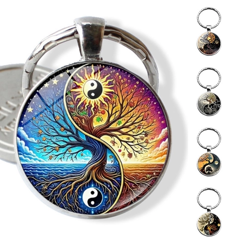 Portachiavi Artistico Albero della Vita Yin Yang Argento Lega di Zinco Vetro Cabochon Portachiavi Creativo Borsa Pendente Accessori Uomo Donna Regalo
