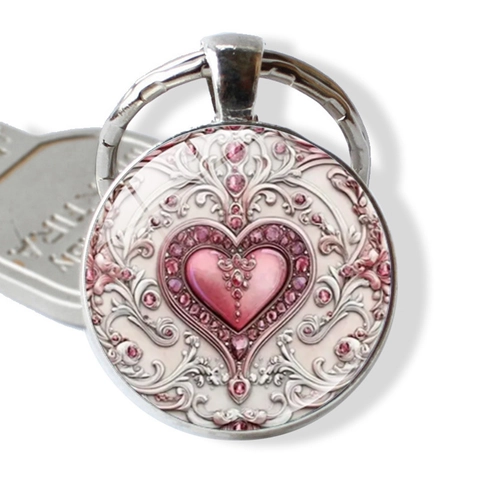 Portachiavi a Cuore Rosa Vintage in Lega di Zinco Cabochon in Vetro Stile Barocco Ciondolo Borsa Accessorio Auto Regalo Donna