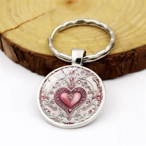Portachiavi a Cuore Rosa Vintage in Lega di Zinco Cabochon in Vetro Stile Barocco Ciondolo Borsa Accessorio Auto Regalo Donna